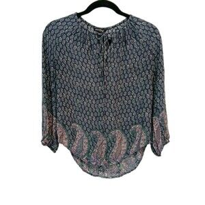 Lucky Brand Women's 3/4 Sleeve Tunic Top Blue Pink Green Paisley Print Size XS